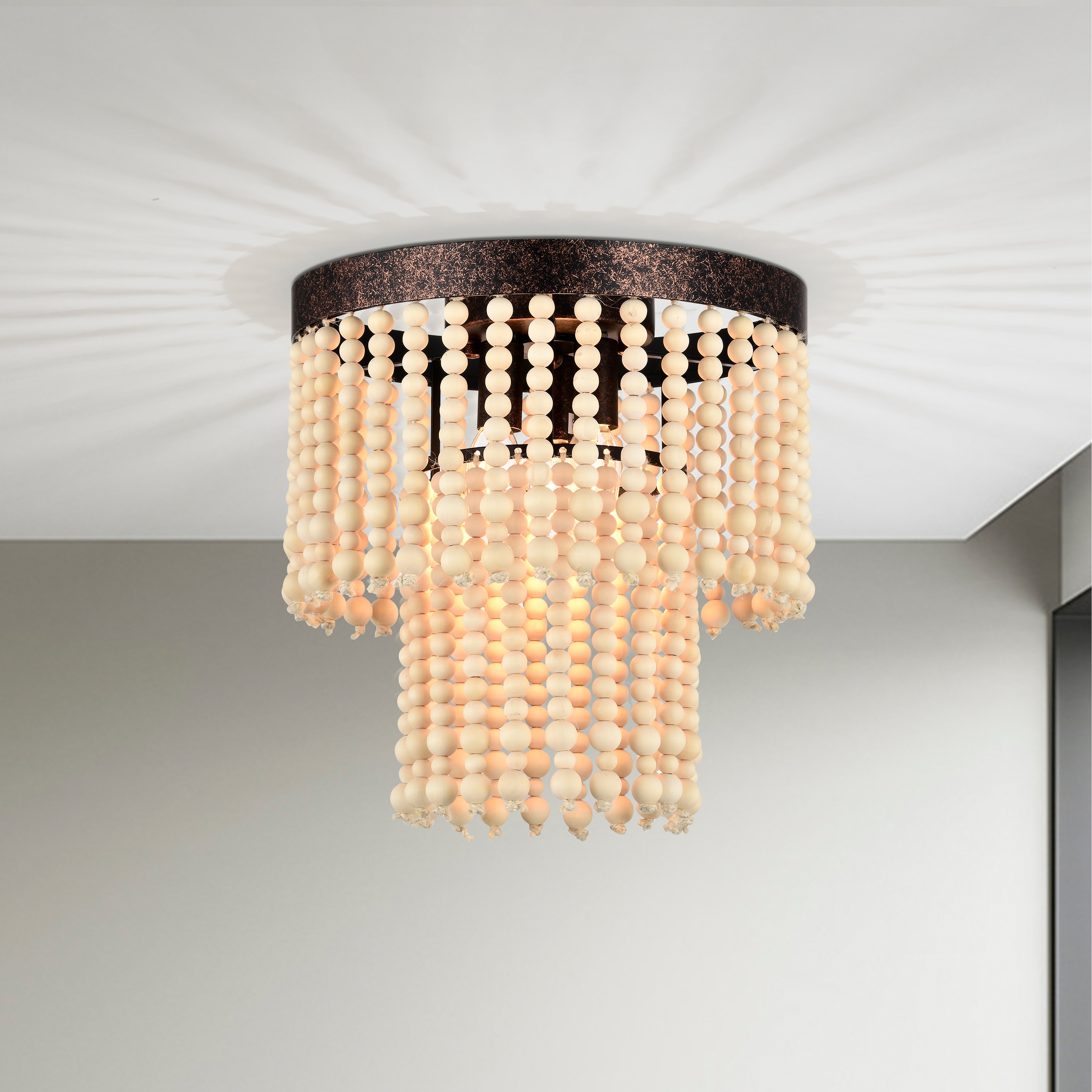 Wood Beaded Flush Mount Chandelier Boho Ceiling Light Fixture 3
